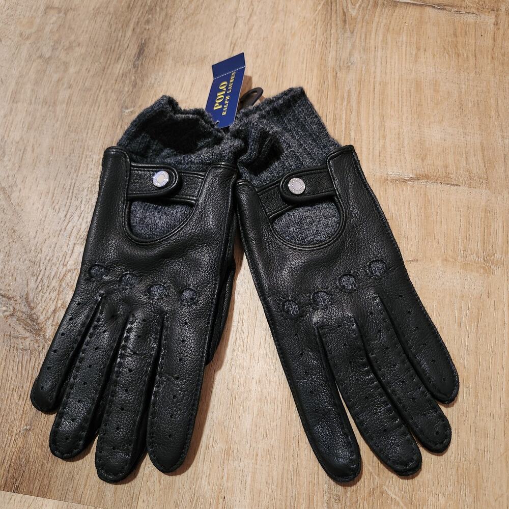 Womens Polo Ralph Lauren PERFORATED DRIVING GLOVES LARGE Black Leather Wool Line